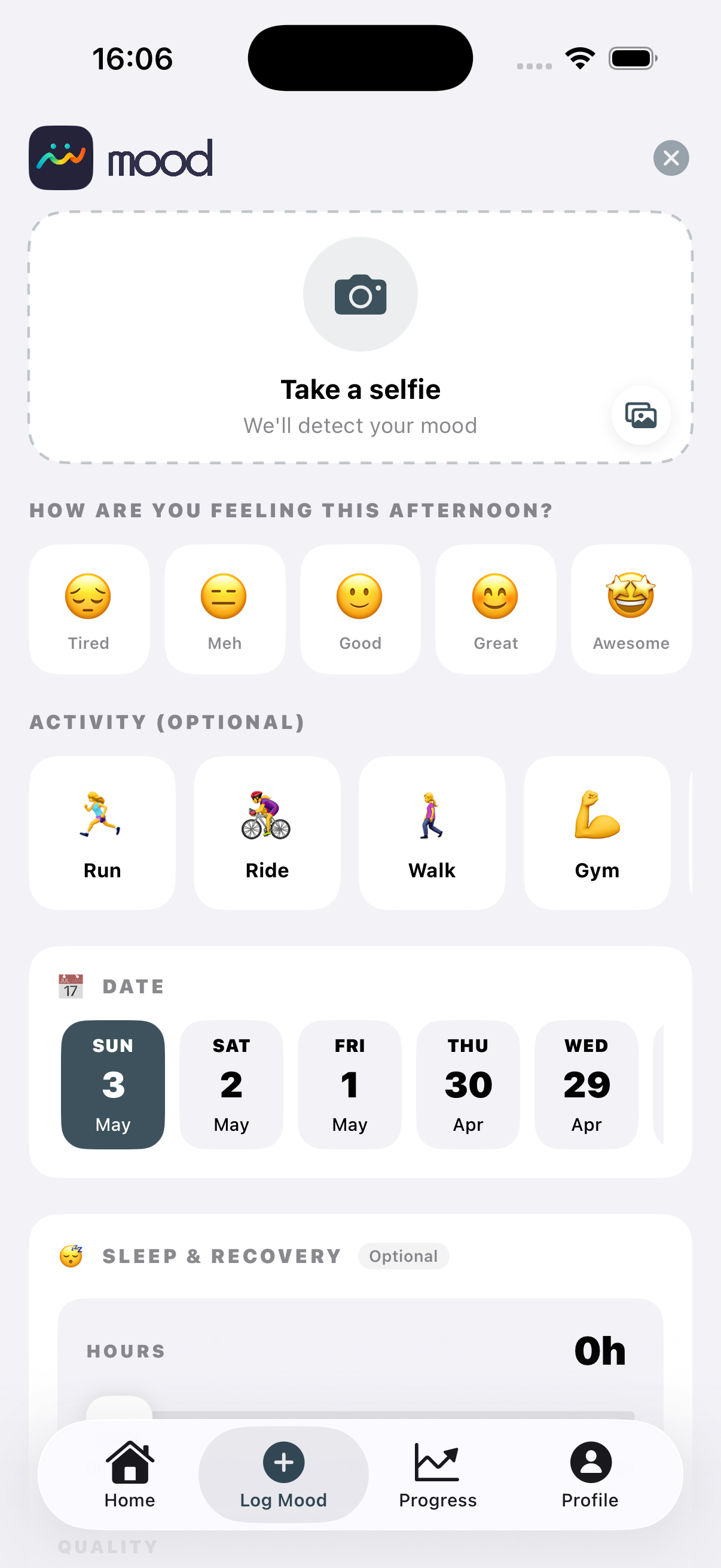 Mood Sports log screen